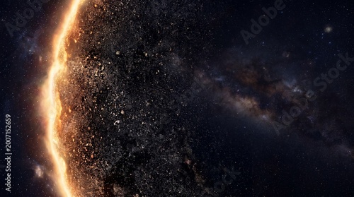 Cosmic black speckled texture with warm glowing edges, representing the vastness of space and celestial phenomena