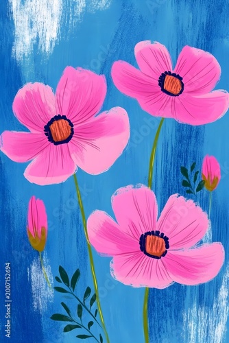 Pink flowers on blue background, hand-drawn abstract floral print