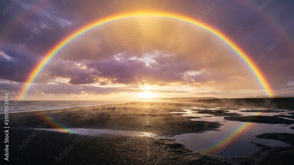 Obraz premium Rainbow Above Black Sand Beach – Tropical Monsoon Coastal Landscape