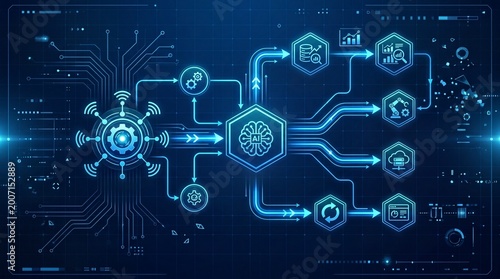 Futuristic automation agent route diagram illustrating complex data flow and processes with blue glowing elements