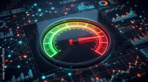 Innovative risk analysis gauge displaying a dynamic indicator on a digital dashboard with vibrant data visualization elements