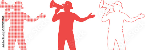 Red Dot Man with Megaphone Silhouette and Outline Gesturing person figure
