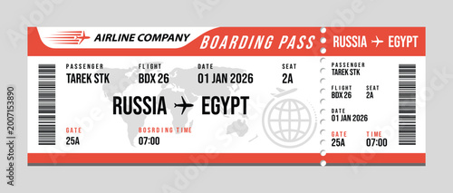 Boarding pass for flight from russia to egypt, dated january 1, 2026, with passenger details and airline