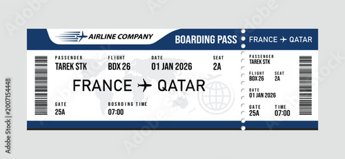 White and blue airline boarding pass for france to qatar flight on january 1, 2026 flight ticket