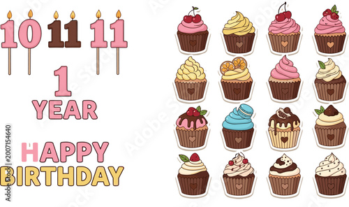 Canvas Print Adorable birthday celebration vector set featuring assorted frosted cupcakes with delicious toppings and colorful number candles with happy birthday text for festive party designs