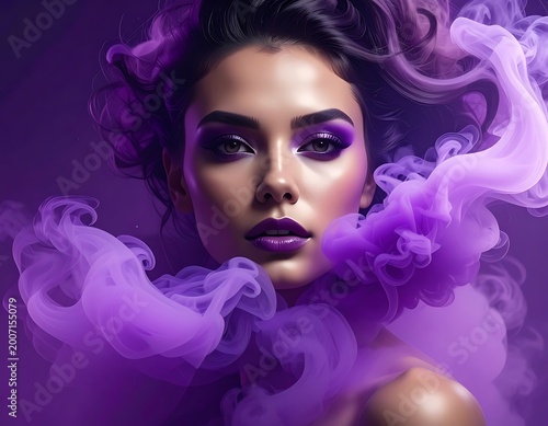 A woman surrounded by swirling purple smoke against a dark background