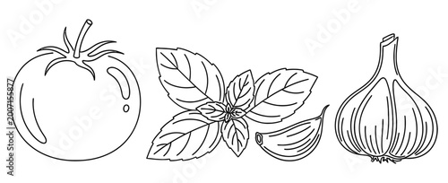 Foto Simple line vector illustration of tomato basil and garlic