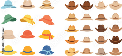 Tableau sur toile Colorful summer sun hat and classic western cowboy hat vector collection featuring various headwear styles like straw fedoras and wide brim beach hats for seasonal fashion