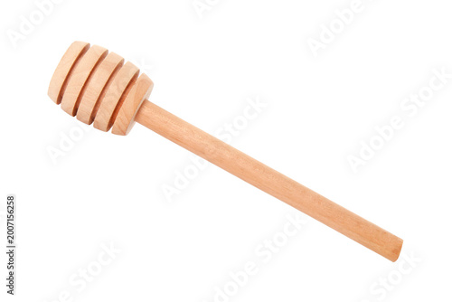 Natural Wooden Honey Dipper Stick Kitchen Utensil Isolated on White Background