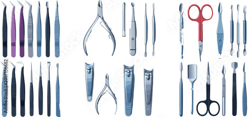 Professional manicure and pedicure stainless steel tool vector set featuring nail clippers, scissors, tweezers, and cuticle pushers for beauty salon, spa, and personal grooming designs.