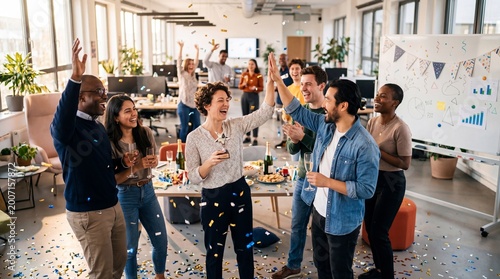 Team celebrating a project milestone in a modern office with colorful confetti and joyful expressions, showcasing camaraderie and achievement