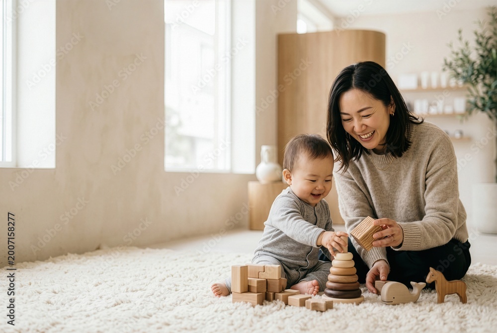 Fototapeta premium Japanese mother and baby playing in Japandi living room