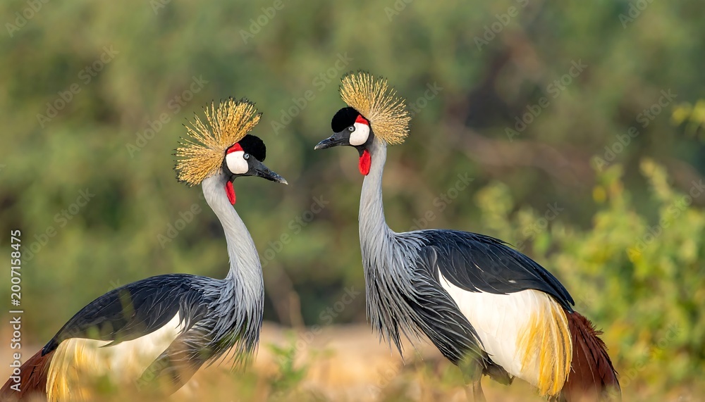 Fototapeta premium Pair of Grey Crowned Cranes in Grassland Habitat.
