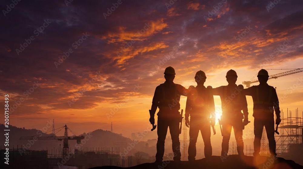 Fototapeta premium Silhouette of Workers at Sunset – Teamwork, Hard Work and Success Concept with Copy Space