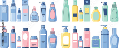 Tableau sur toile Comprehensive organic skincare and cosmetic beauty products vector set featuring various colorful bottles, tubes, pump dispensers, and jars for personalized daily self-care routine packaging