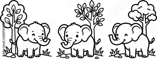 Canvas Print Cute baby elephant characters with trees in a row, black and white line art for children coloring book page