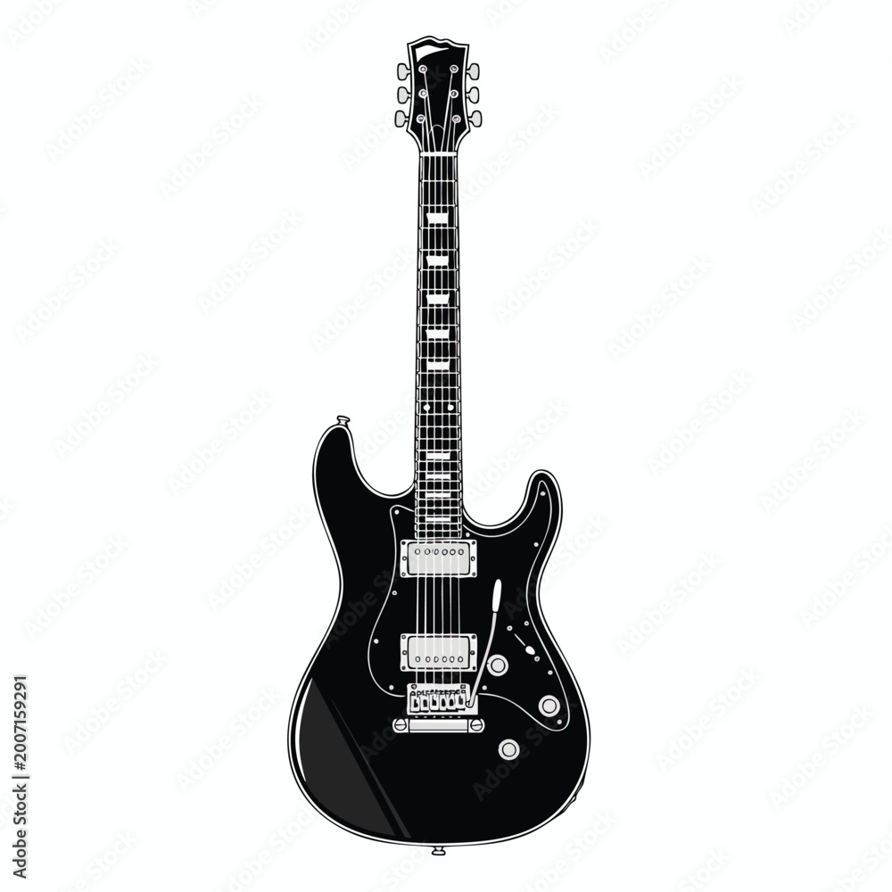 Naklejka premium Stylish black electric guitar isolated on white background.