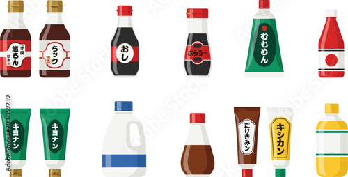 Foto Japanese condiment and sauce vector set featuring soy sauce bottles, wasabi tubes, mirin, rice vinegar, and spicy mayo for authentic Asian cuisine and restaurant menu designs