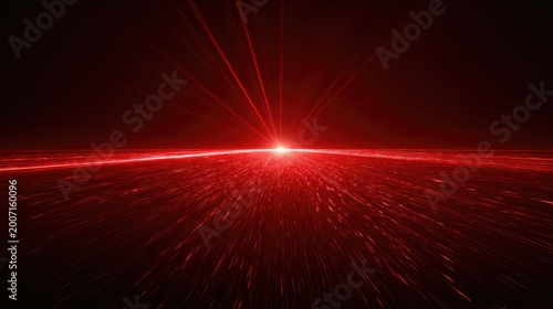 Red laser beams emanate from a bright point on a dark horizon