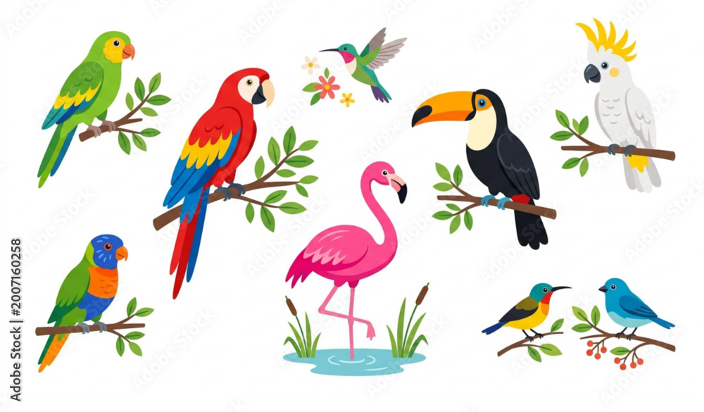 Obraz premium Exotic tropical birds vector set with parrot macaw toucan flamingo colorful flat illustration isolated on white
