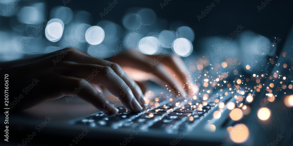 Fototapeta premium Hands Typing on a Keyboard with Blurred Lights and Particles Creating a Dynamic and Modern Digital Atmosphere for Technology and Innovation Themes