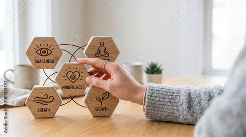 Mindfulness leadership awareness breath growth meditation calm hand wooden hexagon set