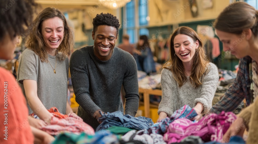Fototapeta premium Joyful group of friends shopping together at a vibrant thrift store, exploring colorful clothing options and sharing laughter and smiles in a lively atmosphere