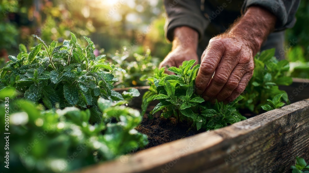 Fototapeta premium Close-Up of Hands Tending to Fresh Green Mint Plants in a Wooden Planter with Soft Sunlight Shining Through in a Serene Garden Setting