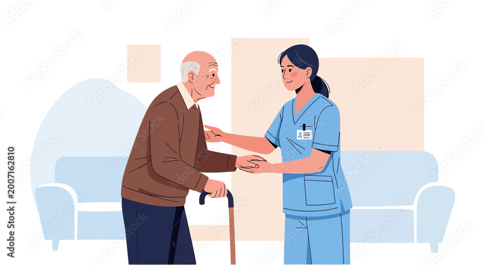 Fototapeta premium Nurse Assisting Elderly Man with Cane, Home Care Support, Geriatric Assistance