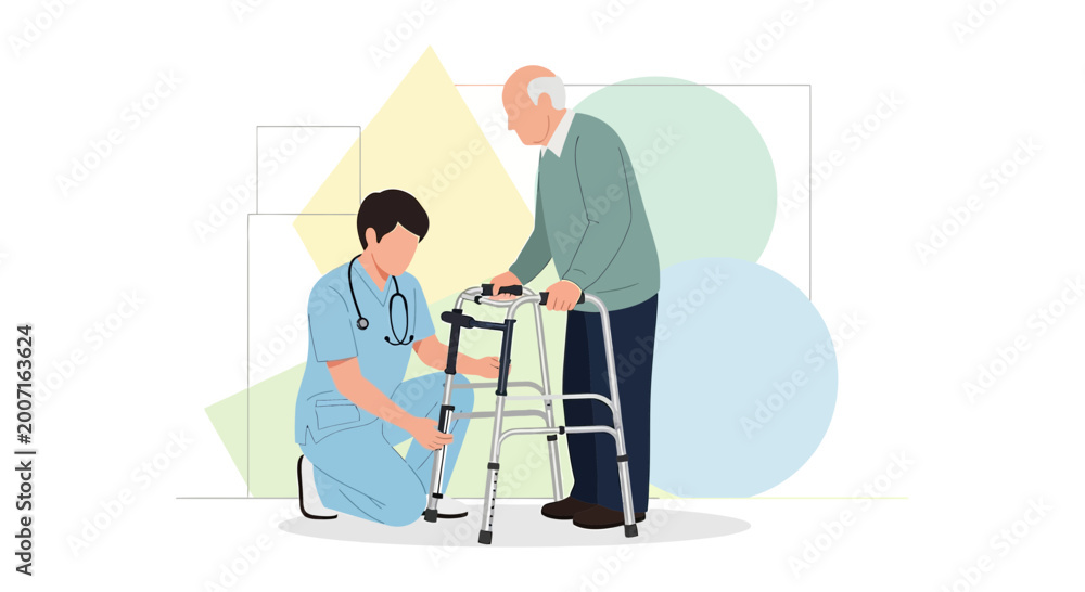 Fototapeta premium Nurse Assists Elderly Man with Walker, Promoting Mobility and Independence in Healthcare