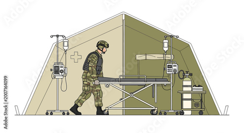Military Medic Transfers Patient on Stretcher in Field Hospital Tent