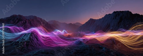 Electric energy flows through surreal, glowing, undulating mountain landscape