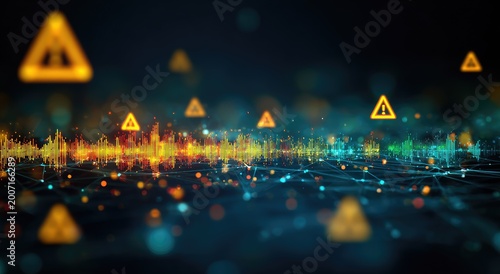 Abstract network with digital warning signs and glowing data streams