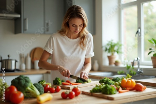Woman Preparing Healthy Meal with Fresh Vegetables in Modern Kitchen, Clean Lifestyle Concept