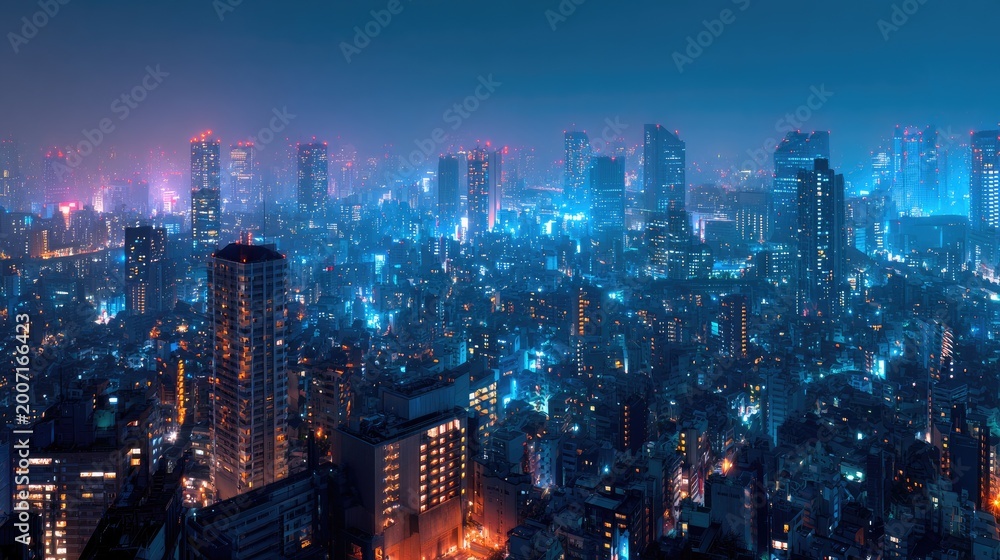 Obraz premium Neon-lit cityscape at night, glowing towers and urban sprawl