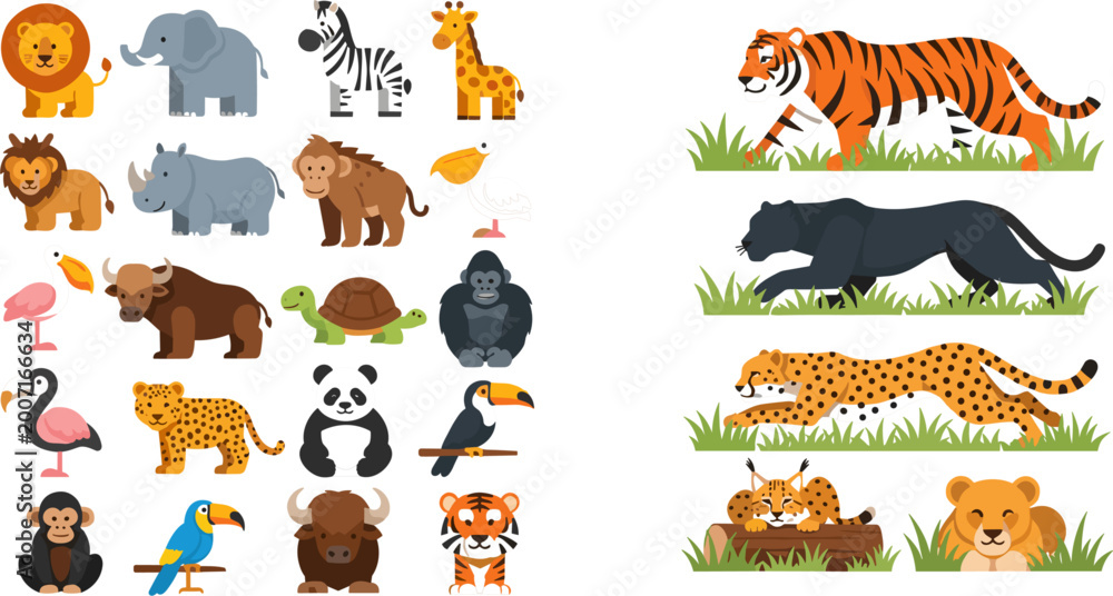 Fototapeta premium Colorful flat cartoon wild animal characters collection with detailed big cat tiger panther cheetah and lioness jungle scene vector illustration