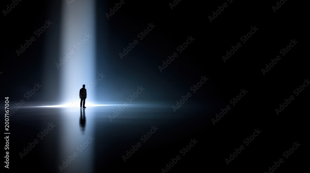 Fototapeta premium Dramatic blue white beam of light illuminates solitary silhouette standing on reflective surface in darkness.