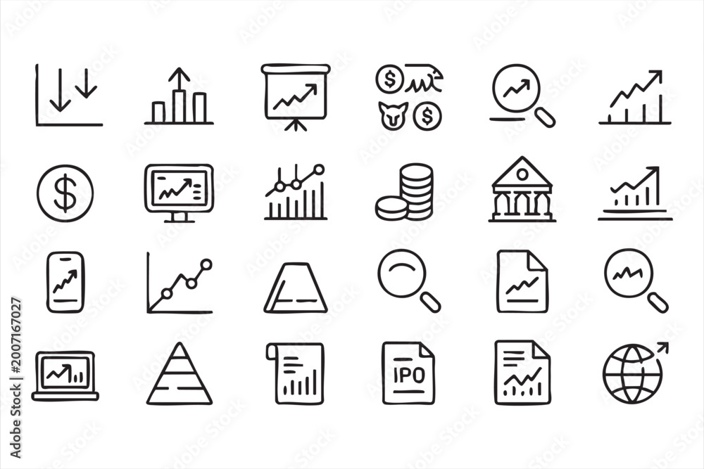 Fototapeta premium Business analytics and finance icon pack, growth charts, investment, trading and data analysis symbols