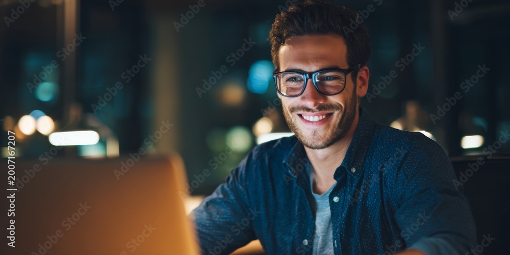 Fototapeta premium Young Man in Glasses Smiling at Desk with Laptop in Modern Office Setting During Evening, Warm Lights Casting Creative and Productive Atmosphere
