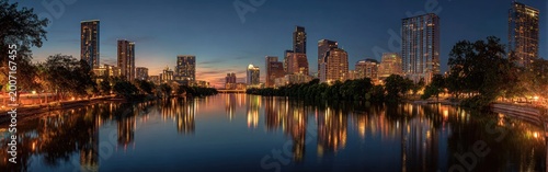 Austin Texas Skyline at Dusk with Lady Bird Lake Reflections.