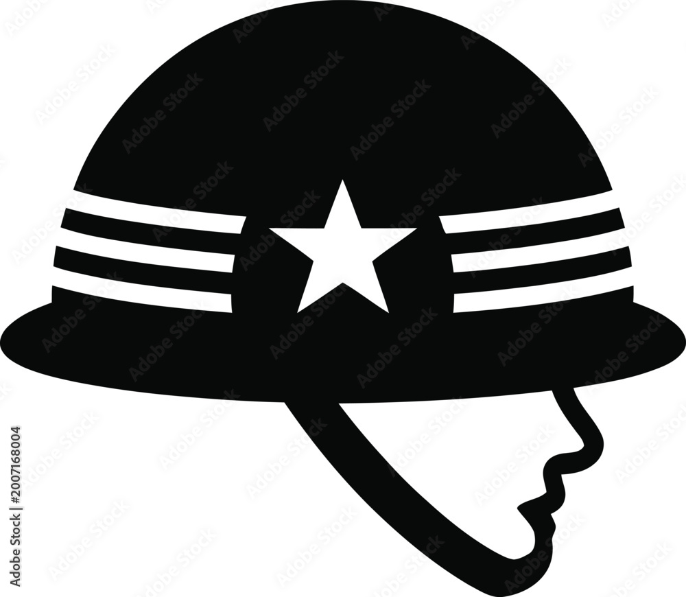 Naklejka premium Black and white of a soldier wearing a military helmet with a star emblem and stripes, isolated on a white background, representing army, defense, war, and military service