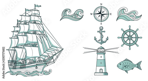 Vintage nautical ship sailing ocean.