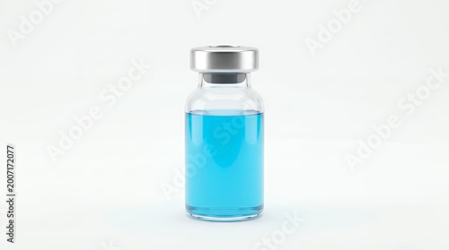 Glass vial with blue liquid and metal cap