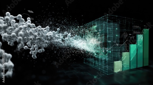 Abstract data visualization of molecular structure transforming into financial graph