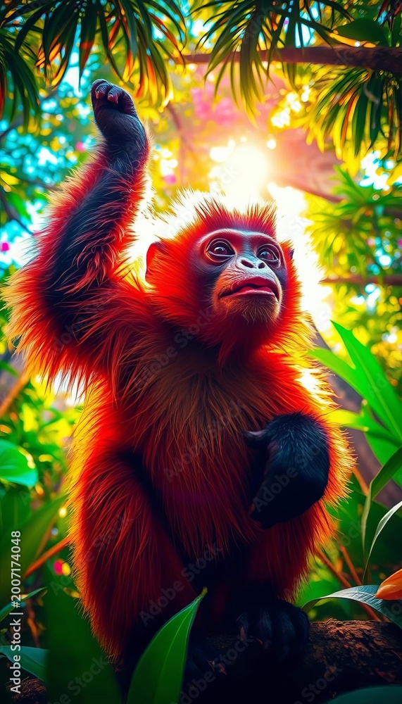 Obraz premium Jungle energy explodes! Primate in a kaleidoscopic frenzy, low-angle view, wide-angle distortion, hyper-saturated, electric hues, intense, wide-angle