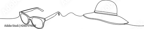Continuous one line of a sunglasses and hat summer hobby, style hand drawn vector illustration.