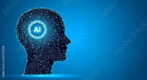 Blue circuit board human head with ai symbol in brain technology concept