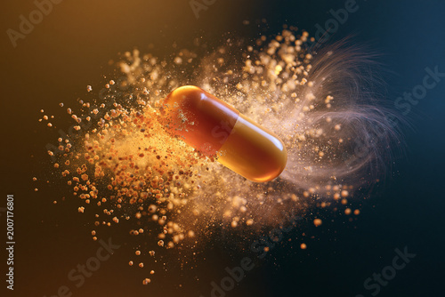 Abstract medicine scene with capsule dissolving into particles, representing therapy, science and modern pharmaceutical development.
