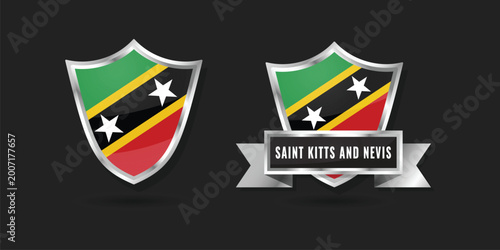 Free Download 3D metallic shield and ribbon featuring the flag of Saint Kitts and Nevis. High-quality silver emblem for island branding, Caribbean icons, and patriotic identity design. - GFXLoad