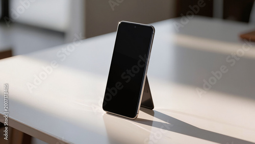 Smartphone stands upright on white table.
​Modern device with glossy black screen.
​Soft sunlight creates long sharp shadows.
​Minimalist electronics in a bright workspace.
​Elegant silver frame 